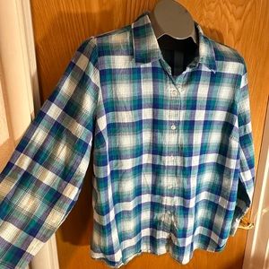 CJ Banks Long Sleeve Plaid Turquoise Shirt 2X